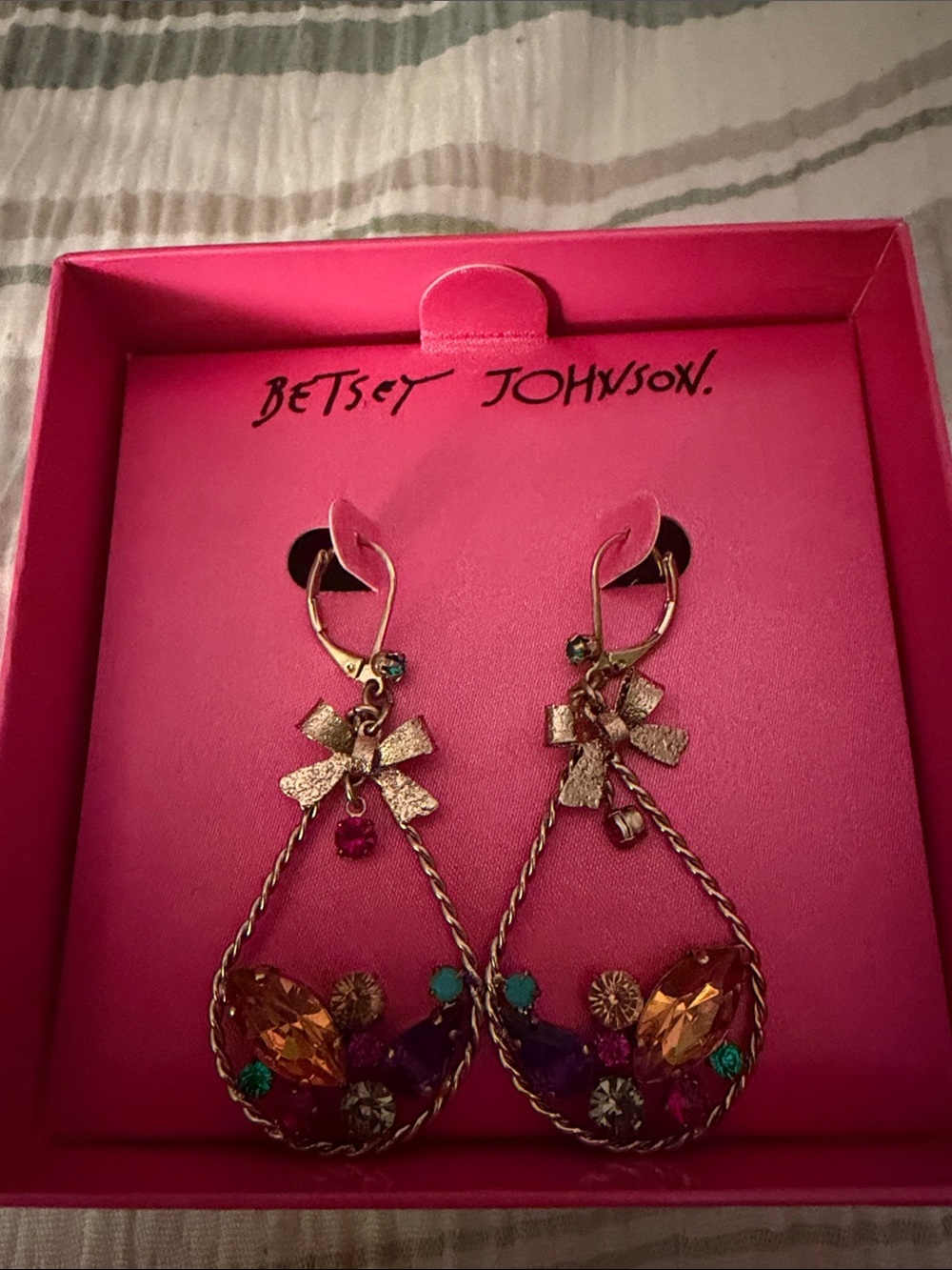 Betsey Johnson Gold-Tone Bow Teardrop Earrings with Multicolor Crystals